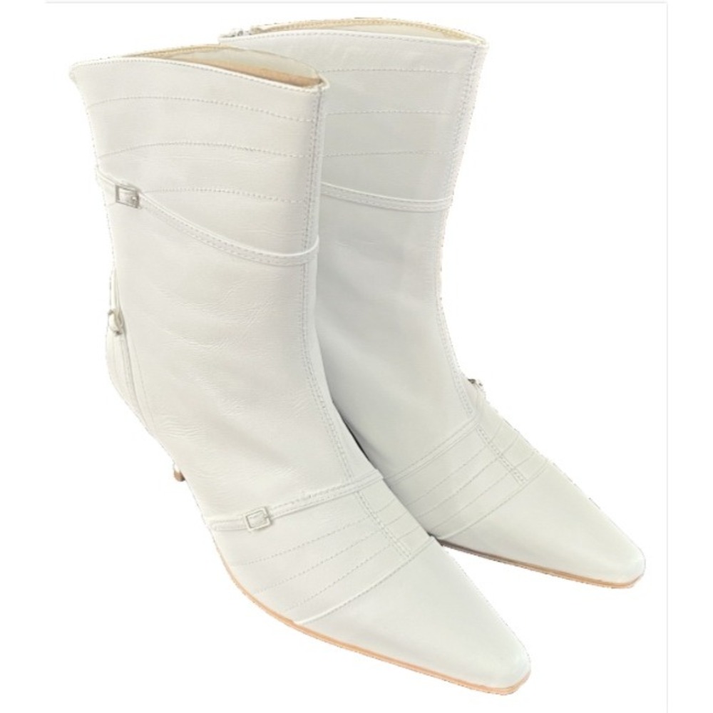 Andrea Coleccion Womens White Leather Pointed Toe Kitten Heel Boots 8C New MX 25